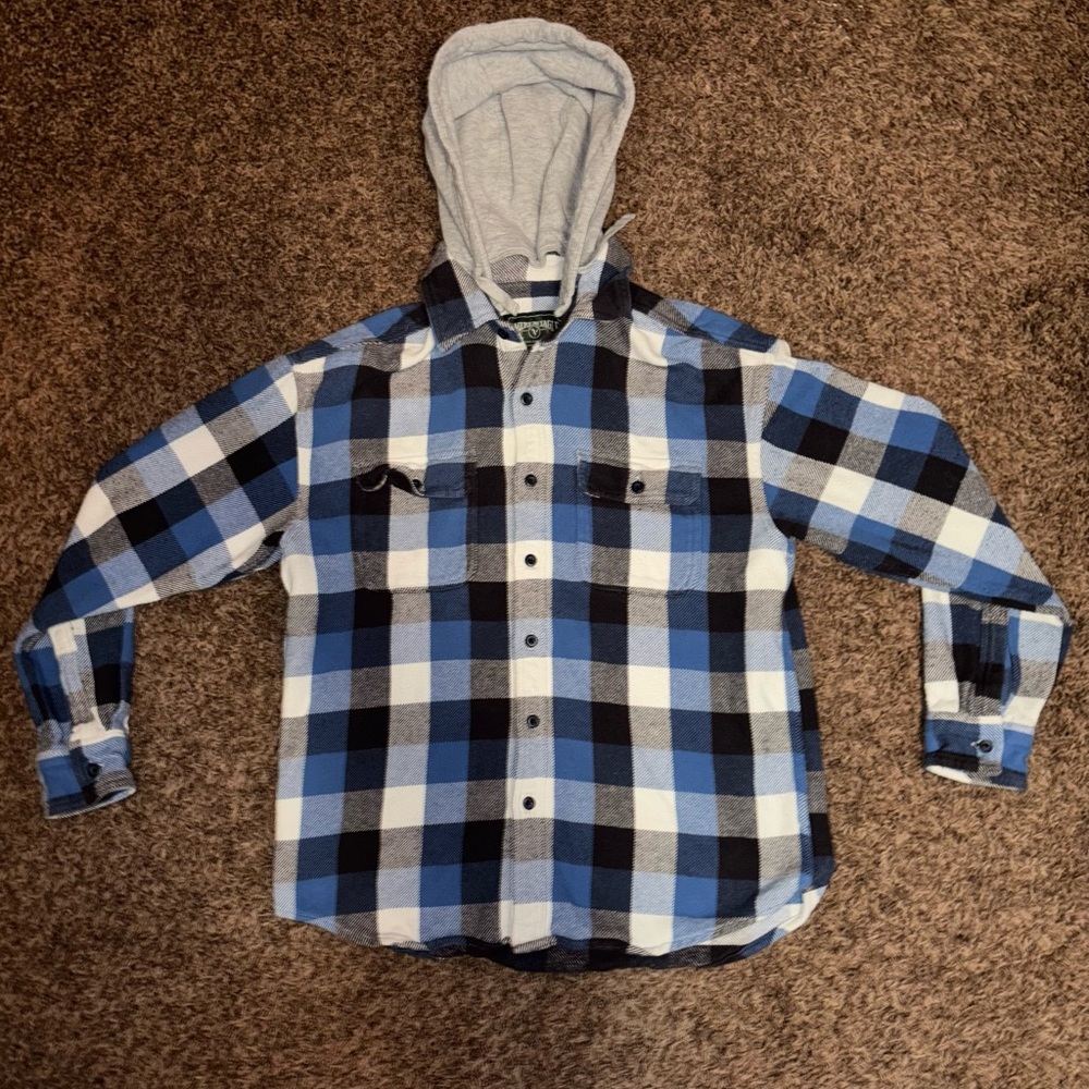 American Eagle Blue and Black Plaid Hooded sweater Size: Medium